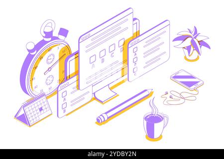 Examen en ligne, questionnaire ou enquête Internet, formation à distance, formulaire de questionnaire. Modèle de page de renvoi. Conceptua plate isométrique 3D. Banque D'Images