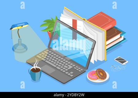 Illustration conceptuelle plate isométrique 3D de la lecture de littérature, Bibliothèque en ligne, enseignement à distance. Concept 3D isométrique plat Banque D'Images