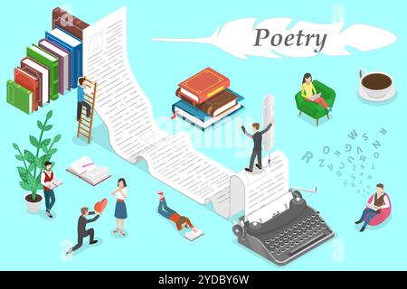 3D Isométrique Flat illustration conceptuelle de la poésie, écriture et lecture d'histoires. Illustration conceptuelle 3D Isométrique plate de P. Banque D'Images