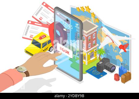 Modèle de page d'accueil 3D Isométrique plat de réservation de voyage App en ligne, Hôtel de voyage de vacances et réservation de billets d'avion. ISO 3D. Banque D'Images