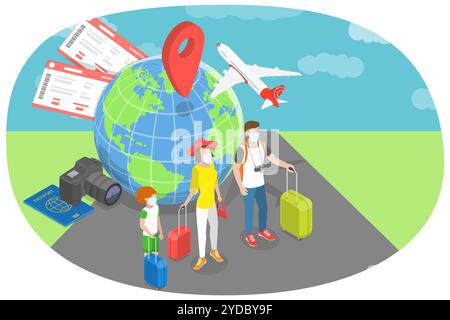 Illustration conceptuelle 3D Isométrique plate de la famille voyageant pendant COVID-19, portant le masque facial 3D Isométrique Flat Conceptual Banque D'Images