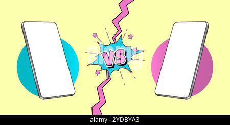 Modèle pour smartphones comparer dans le style Comic rétro, cadre de smartphone avec écran transparent, position pivotée de perspective de téléphone Banque D'Images