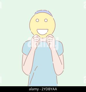 Illustration de style dessinée à la main d'un homme tenant un signe emoji souriant devant son visage. Concept de bonne émotion, joyeux Mo Banque D'Images