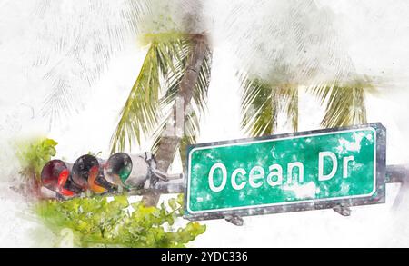 Illustration aquarelle du panneau de rue Ocean Drive dans le quartier Art Deco du sud de Miami aux États-Unis Banque D'Images