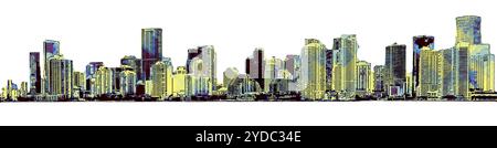 Dessin pop art de la ligne d'horizon du centre-ville de Miami sur fond blanc Banque D'Images
