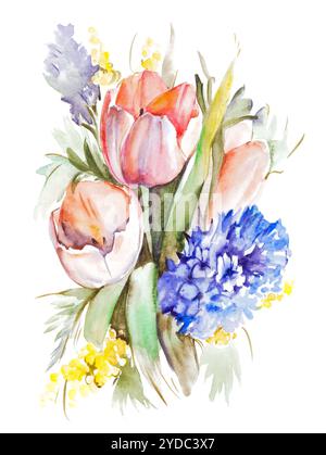 Bouquet de tulipes d'aquarelle isolé sur fond blanc Banque D'Images