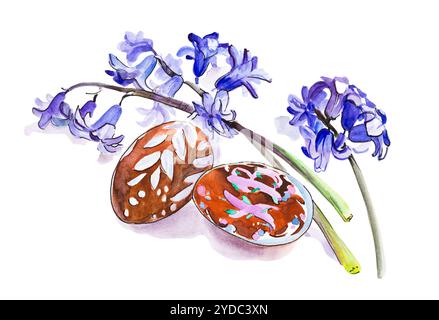 Aquarelle fleurs de jacinthe de pâques et deux oeufs isolés sur fond blanc Banque D'Images