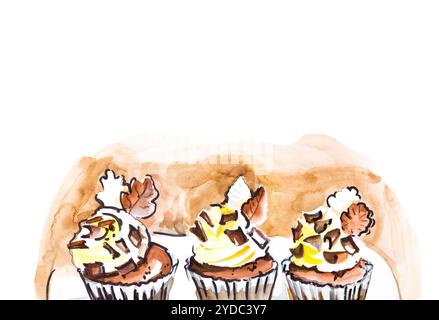 Ensemble de trois cupcakes d'anniversaire au chocolat avec des barres de chocolat. Dessin aquarelle alimentaire isolé sur fond blanc Banque D'Images