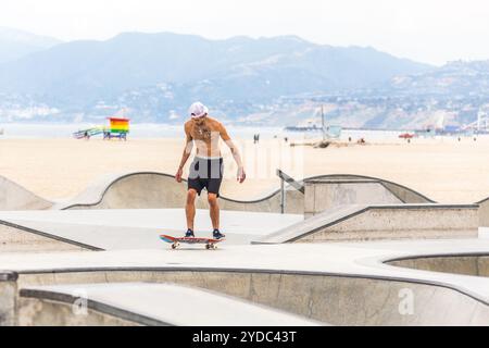 Rampes en béton et palmiers au populaire parc de skateboard Venice Beach à Los Angeles, en Californie Banque D'Images