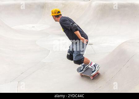 Rampes en béton et palmiers au populaire parc de skateboard Venice Beach à Los Angeles, en Californie Banque D'Images