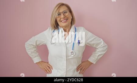 Une belle blonde mature médecin caucasienne se tient confiante dans un manteau blanc avec un stéthoscope, isolé sur un fond rose. Banque D'Images