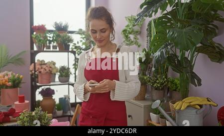 Une jeune femme dans un tablier rouge se tient à envoyer des SMS sur son téléphone entouré de plantes et de fleurs dans un magasin de fleurs intérieur confortable. Banque D'Images