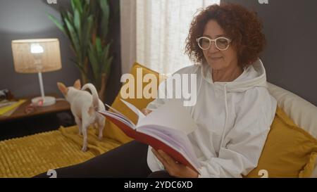 Femme d'âge moyen lisant un livre sur son lit avec un chien chihuahua à proximité dans un cadre de chambre confortable. Banque D'Images