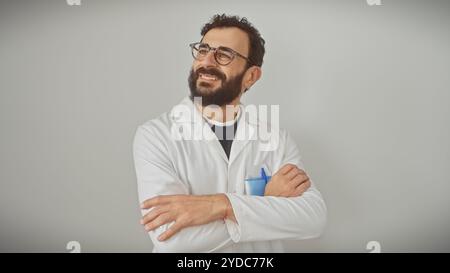 Homme barbu en blouse de laboratoire avec les bras croisés souriant sur un fond blanc. Banque D'Images