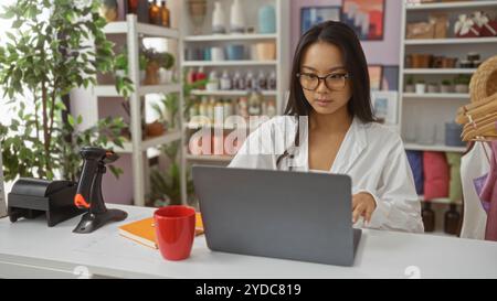 Jeune femme travaillant sur un ordinateur portable dans un magasin de décoration entourée de diverses décorations, se concentrant intentionnellement sur des articles organisés soigneusement en arrière-plan Banque D'Images