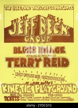 Jeff Beck avec l'invité spécial Terry Reid. Flyer pour un concert en 1969 au Aaron Russos Kinetic Playground, Chicago. Banque D'Images