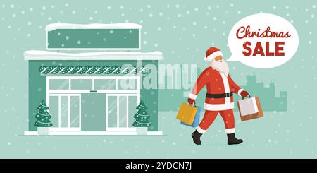 Santa Claus tenant des sacs et faisant des achats de Noël, vente et offre concept Illustration de Vecteur