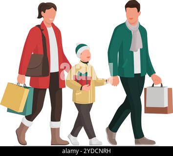 Famille heureuse faisant les courses de Noël ensemble, ils tiennent des cadeaux et des sacs, isolés Illustration de Vecteur