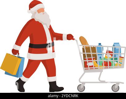 Le Père Noël faisant des courses, il pousse un panier plein de marchandises, isolé Illustration de Vecteur