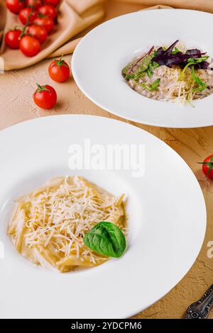 Pâtes Penne au parmesan et riz au parmesan Banque D'Images