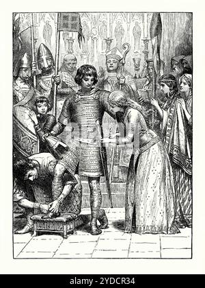 Une vieille gravure d'un jeune homme en cours de préparation pour la chevalerie, Angleterre, Royaume-Uni à l'époque médiévale. Il est tiré d'un livre d'histoire victorienne de c.1900. Dans une église, il est entouré d'aides qui le préparent pour la cérémonie. Un chevalier est une personne qui reçoit un titre honorifique de chevalier pour service au monarque, à l'église ou au pays, en particulier dans une capacité militaire. Il est associé à la chevalerie, un code de conduite pour un guerrier chrétien. La chevalerie au moyen âge était étroitement liée à l'équitation (et en particulier aux joutes). Banque D'Images