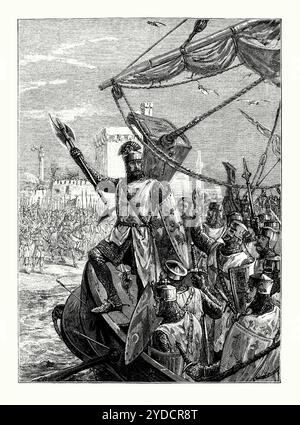 Une ancienne gravure du roi Richard Ier à la bataille de Jaffa, en Israël, en 1192. Il est tiré d'un livre d'histoire victorienne de c.1900. La bataille de Jaffa est la dernière bataille de la troisième croisade, l'une d'une série de campagnes entre l'armée du sultan Saladin et les forces croisées dirigées par le roi Richard Ier d'Angleterre (Richard cœur de Lion). Richard sauta dans la mer et pataugea à travers les vagues pour atteindre le rivage. Le roi mena ses troupes au combat. L'armée musulmane commença à paniquer. L'armée fuyante de Saladin s'est échappée. Saladin et le roi Richard ont pu négocier une trêve. Banque D'Images