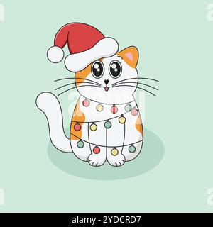 Chat blanc et rouge mignon avec chapeau de Père Noël. Chaton de dessin animé s'est emmêlé dans l'illustration vectorielle de lumières de Noël. Illustration de Vecteur