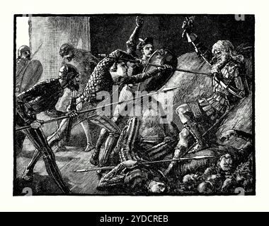 Une vieille gravure de l'assassinat de Llywelyn le dernier, Builth Wells, Powys, pays de Galles, Royaume-Uni en 1282. Il est tiré d'un livre d'histoire victorienne de c.1900. Llywelyn ap Gruffudd (Llywelyn II c.1223–1282) était prince de Gwynedd. Il est l'un des derniers princes indigènes et indépendants du pays de Galles avant sa conquête par Édouard Ier d'Angleterre et la domination anglaise au pays de Galles, jusqu'à ce qu'Owain Glyndwr conserve le titre lors de la révolte galloise de 1400-1415. Llywelyn a dirigé la défense de Gwynedd. Le 11 décembre, lors de la bataille d'Orewin Bridge à Builth Wells, il est tué alors qu'il est séparé de son armée. Banque D'Images