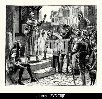 Une vieille gravure de celle des « pauvres prêtres » de John Wycliffe prêchant dans la rue, Angleterre, Royaume-Uni dans les années 1300 Il est tiré d'un livre d'histoire victorienne de c.1900. John Wycliffe (ou Wickliffe c.1328-1384) visait à supprimer la hiérarchie existante et à la remplacer par les « pauvres prêtres » pour prêcher la Bible aux gens ordinaires. Liés par aucun vœu, sans consécration formelle, ces prédicateurs itinérants répandent les enseignements de Wycliffe, qui insistait sur la pauvreté pour tout le clergé. Banque D'Images
