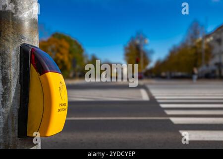 Interrupteur piéton jaune au passage à niveau, signaux sonores et lumineux pour les piétons Banque D'Images