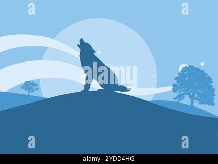 Loup hurlant à la lune, loup sur la colline Illustration de Vecteur