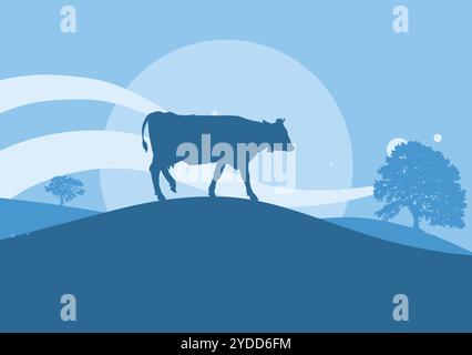 Vache dans la prairie, lait frais. Illustration de Vecteur