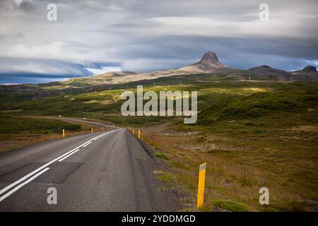 Route à travers un paysage de montagnes de l'Islande Banque D'Images