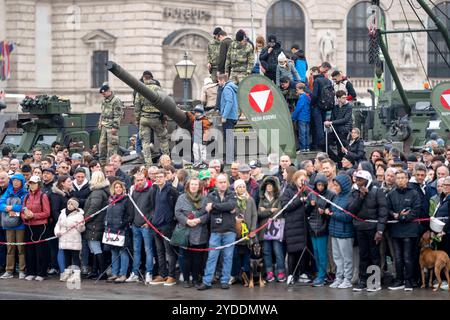 Wien, Österreich. 26. Oktober 2024. Schaulustige beobachten Feierlichkeiten anlässlich des Nationalfeiertages am Wiener Heldenplatz, Leistungsschau des österreichischen Bundesheeres. Vienne *** Vienne, Autriche 26 octobre 2024 les spectateurs regardent les célébrations à l'occasion de la fête nationale à Viennas Heldenplatz, exposition des Forces armées autrichiennes Vienne Banque D'Images