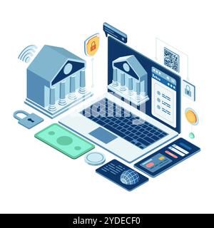 Services bancaires numériques isométriques avec icônes financières et de sécurité. Concept de banque en ligne et de technologie financière Illustration de Vecteur