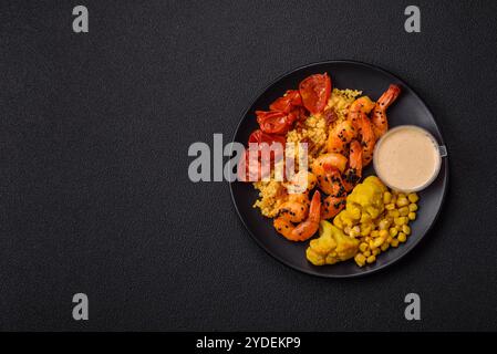 Crevettes tigrées bouillies avec du porridge, des tomates et du maïs sur un fond de béton foncé Banque D'Images