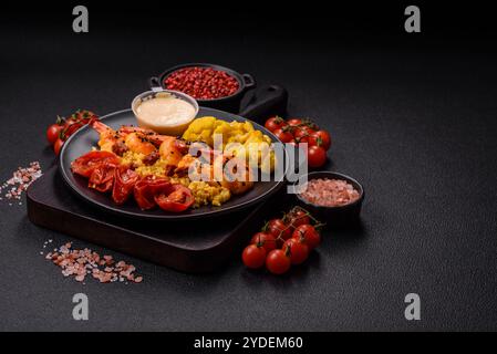 Crevettes tigrées bouillies avec du porridge, des tomates et du maïs sur un fond de béton foncé Banque D'Images