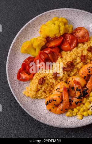 Crevettes tigrées bouillies avec du porridge, des tomates et du maïs sur un fond de béton foncé Banque D'Images