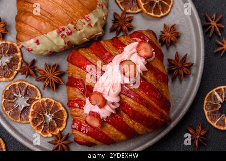 Croissant rouge sucré croustillant à la pistache, à la framboise et à la fraise sur un fond de béton foncé Banque D'Images