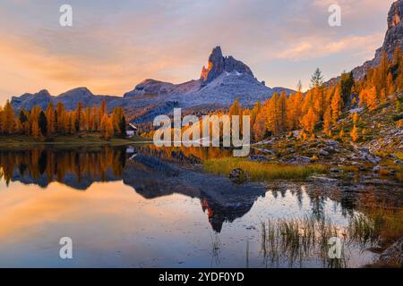 Un lever de soleil d'automne dans les Dolomites au Lago Federa (Lago di Federa, Lago Fedèra, lac Federa), un lac de montagne sous la paroi orientale de Croda da da Lag Banque D'Images