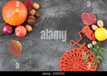 Crochet automnal. Fruits et légumes de saison, crochet et fil de laine orange vue de dessus photo. Passe-temps et concept de temps libre. Banque D'Images