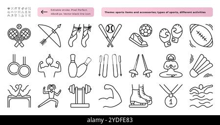 Types of sports icon set. 21 vector editable stroke signs, 48x48 px and 480x480 px monochrome pictograms Stock Vector