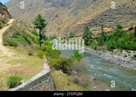 Vue panoramique de Paro Chhu, près de Iron Chain Bridge, chokha, Bhoutan Banque D'Images