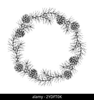 Couronne vectorielle dessinée à la main détaillée de branches et de cônes de pin. Cadre circulaire. Idéal pour les conceptions de vacances de Noël, les thèmes d'hiver, les invitations et Illustration de Vecteur