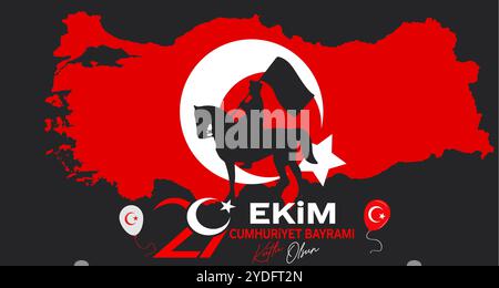 29 Ekim Cumhuriyet Bayrami kutlu olsun, jour de la République de Turquie. Traduction : 29 octobre Journée de la République de Turquie, joyeuses fêtes. Illustration vectorielle. Banque D'Images