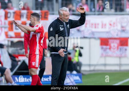 Halle, Deutschland. 26 octobre 2024. Halle, Deutschland 26. Oktober 2024 : Regionalliga Nord/Ost - 2024/2025 - Hallescher FC v. ZFC Meuselwitz Im Bild : entraîneur Mark Zimmermann (Halle) gestikuliert auf dem Spielfeld. Crédit : dpa/Alamy Live News Banque D'Images