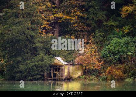 Une maison de bateau désaffectée et abandonnée sur le bord du lac Swanbourne, Arundel entourée de feuillage automnal. Banque D'Images