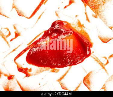 taches de ketchup ou de sauce tomate sur fond blanc Banque D'Images