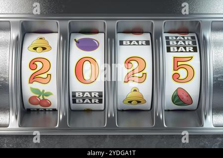 Bonne année 2025 au casino. Machine à sous avec le jackpot numéro 2025. illustration 3d. Banque D'Images