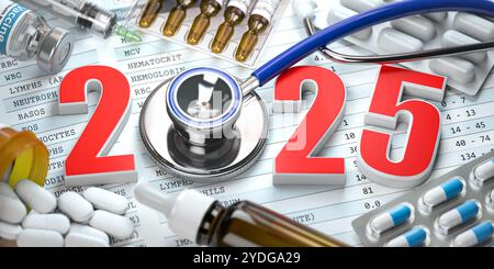 Bonne année 2025. Soins de santé, médecine et concept de pharmacie. Numéro 2025 avec stéthoscope et médicaments. illustration 3d. Banque D'Images